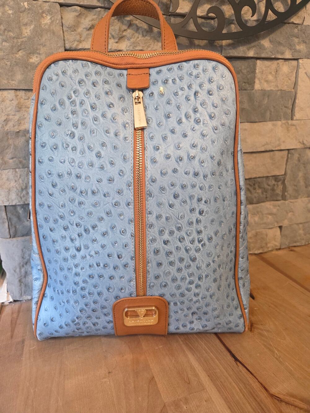 Valentina Italian Blue Ostrich Embossed Leather Backpack Bag Made in Italy